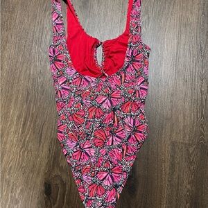 Toluca Swim Womens Pink Red Butterfly Print One Piece Swimsuit Cutout Front Sz M